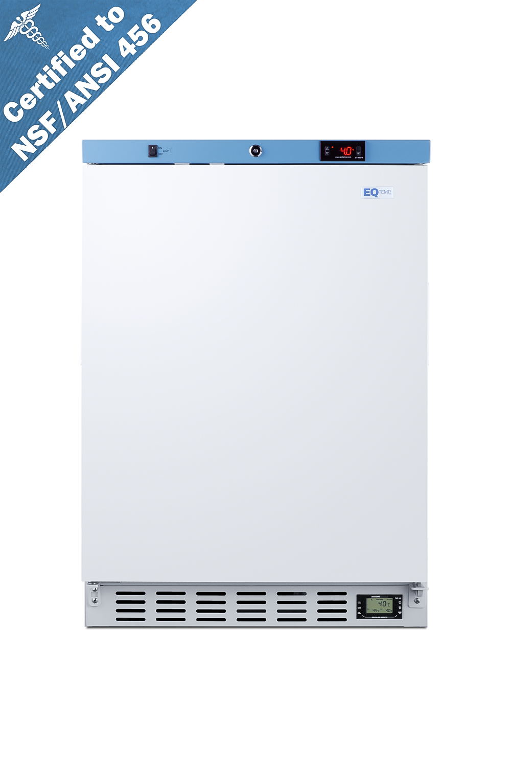 Built-In healthcare all-refrigerator certified to NSF/ANSI 456 with self-closing glass door, front lock, digital controls, and NIST calibrated temperature readout